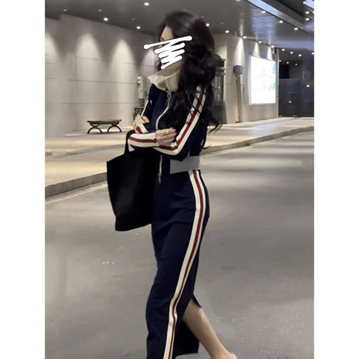 Moterų dviejų dalių komplektas: megztinis ir sijonas, 3D raštas, siuvimo detalės, rudens 2025, poliesterio–medvilnės mišinys, ilgos rankovės, kasdienis japonų-korejiečių stilius