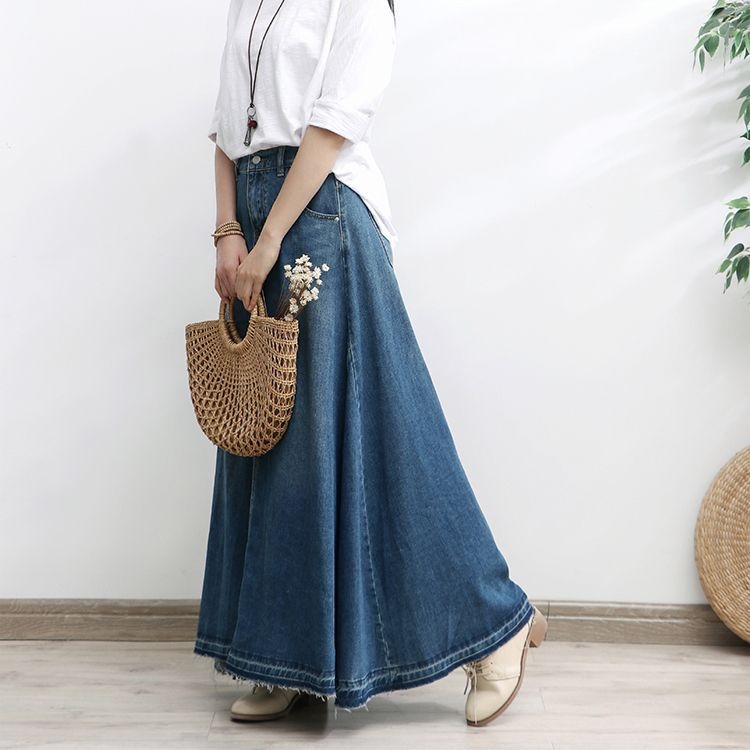 Ženska plus veličine denim suknja, duga, jesenska lagano drapirana kišobran suknja, visok pojas, oblikuje siluetu