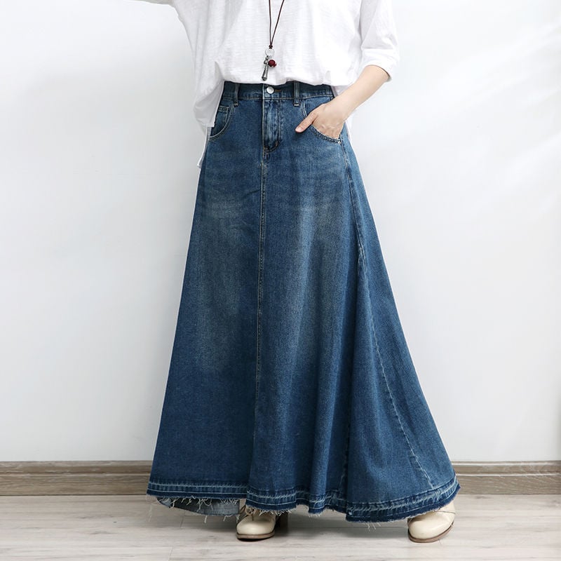 Ženska plus veličine denim suknja, duga, jesenska lagano drapirana kišobran suknja, visok pojas, oblikuje siluetu