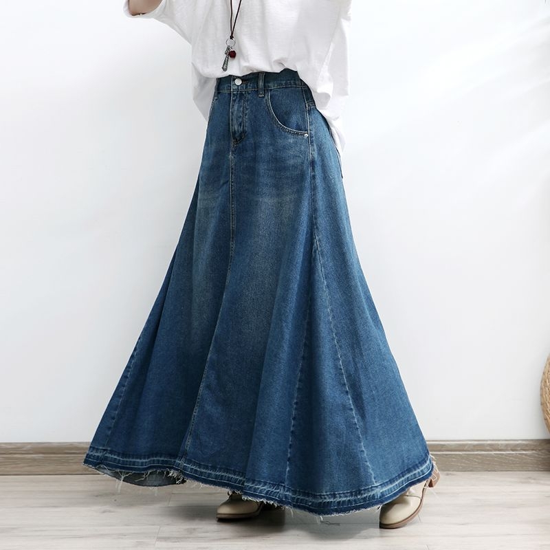 Ženska plus veličine denim suknja, duga, jesenska lagano drapirana kišobran suknja, visok pojas, oblikuje siluetu