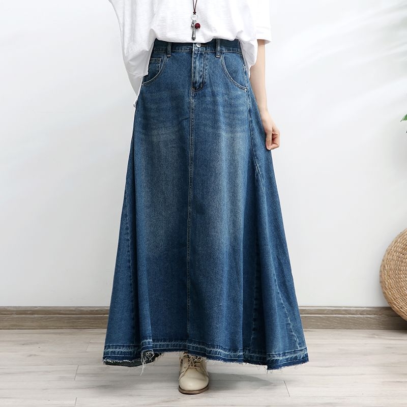 Ženska plus veličine denim suknja, duga, jesenska lagano drapirana kišobran suknja, visok pojas, oblikuje siluetu