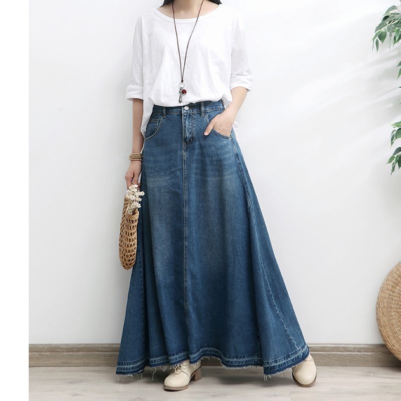 Ženska plus veličine denim suknja, duga, jesenska lagano drapirana kišobran suknja, visok pojas, oblikuje siluetu