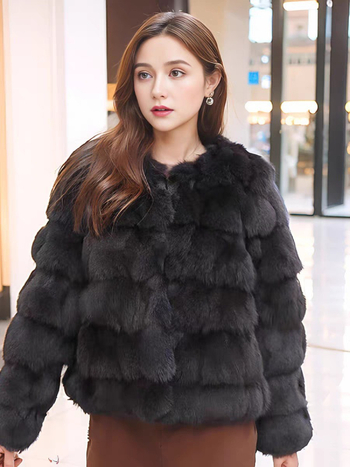 Kožušinový krátky kabát z líščej kože pre ženy, okrúhly výstrih, dlhé rukávy, jeseň 2024