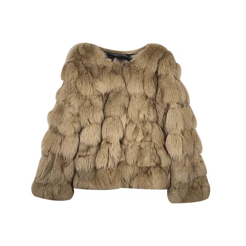 Kožušinový krátky kabát z líščej kože pre ženy, okrúhly výstrih, dlhé rukávy, jeseň 2024