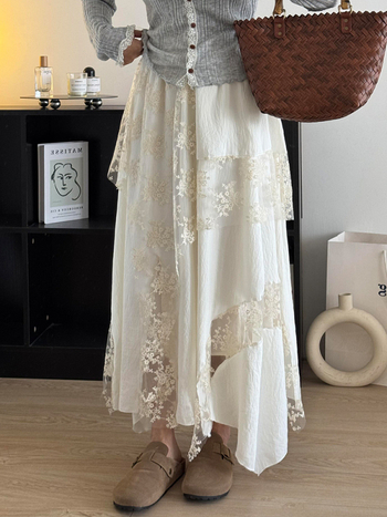 Asimetrična čipkasta suknja za žene, trodimenzionalno krojenje, pamukasto mješovita tkanina s polyesterom i spandeksom, duga suknja, proljeće 2025