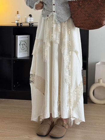 Asimetrična čipkasta suknja za žene, trodimenzionalno krojenje, pamukasto mješovita tkanina s polyesterom i spandeksom, duga suknja, proljeće 2025