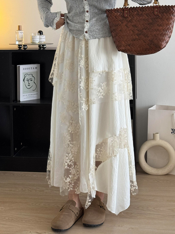 Asimetrična čipkasta suknja za žene, trodimenzionalno krojenje, pamukasto mješovita tkanina s polyesterom i spandeksom, duga suknja, proljeće 2025