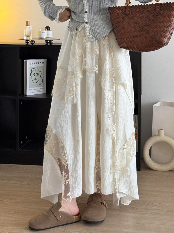 Asimetrična čipkasta suknja za žene, trodimenzionalno krojenje, pamukasto mješovita tkanina s polyesterom i spandeksom, duga suknja, proljeće 2025