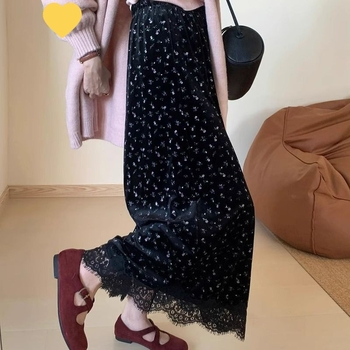 Floralna velur midi suknja s elastičnim pojasom, mješavina vune i poliestera, proljeće 2025