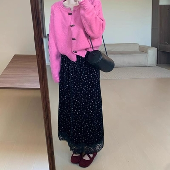 Floralna velur midi suknja s elastičnim pojasom, mješavina vune i poliestera, proljeće 2025