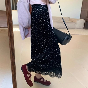 Floralna velur midi suknja s elastičnim pojasom, mješavina vune i poliestera, proljeće 2025