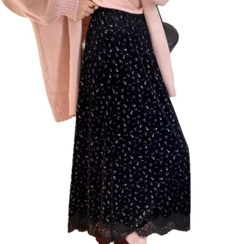 Floralna velur midi suknja s elastičnim pojasom, mješavina vune i poliestera, proljeće 2025