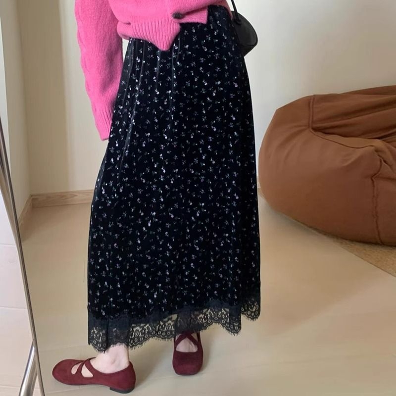 Floralna velur midi suknja s elastičnim pojasom, mješavina vune i poliestera, proljeće 2025