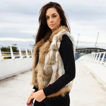 Dámska vesta z rabbit fur s golierom z raccoon fur, V-dekolt, bez rukávov, ležérny štýl
