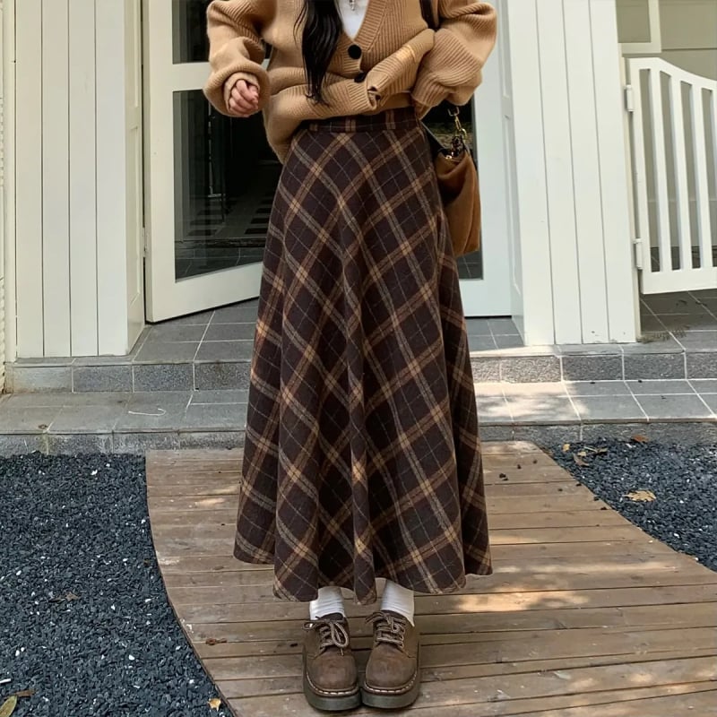 Poliesterova A‑linija suknja s kariranim uzorkom, srednja duljina, mikroelastična, s detaljem šivanja, casual stil