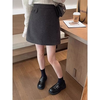 Kratka suknja od poliester materijala s vunenim efektom, prilagodljiv kroj, A-linija, visok struk, zima 2024, neelastičan materijal, 80–90% poliester