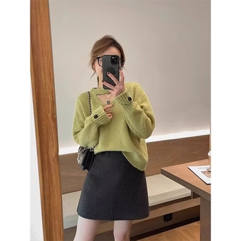 Kratka suknja od poliester materijala s vunenim efektom, prilagodljiv kroj, A-linija, visok struk, zima 2024, neelastičan materijal, 80–90% poliester