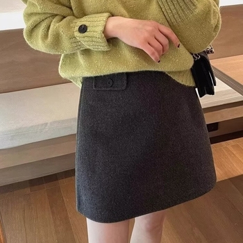 Kratka suknja od poliester materijala s vunenim efektom, prilagodljiv kroj, A-linija, visok struk, zima 2024, neelastičan materijal, 80–90% poliester