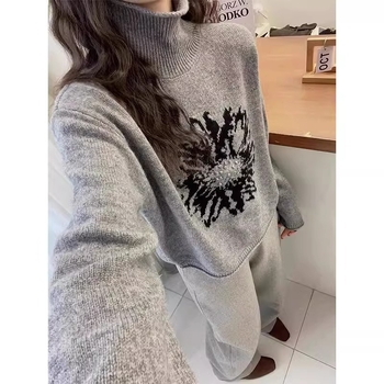 Sveter s jacquardovým vzorom, vysoký golier, hrubá pletenina, zima 2024