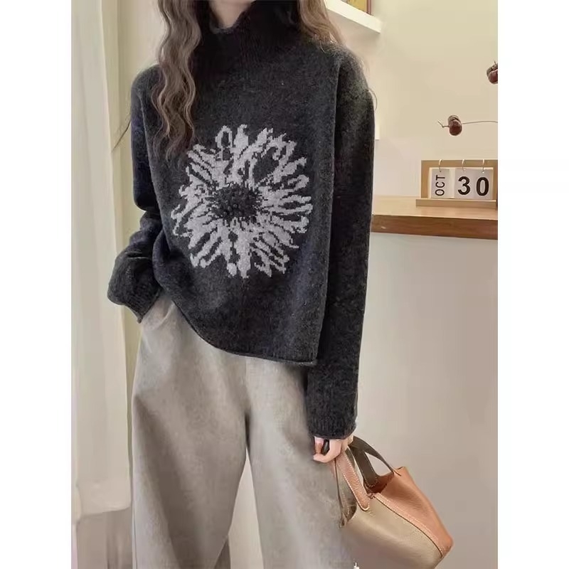 Sveter s jacquardovým vzorom, vysoký golier, hrubá pletenina, zima 2024