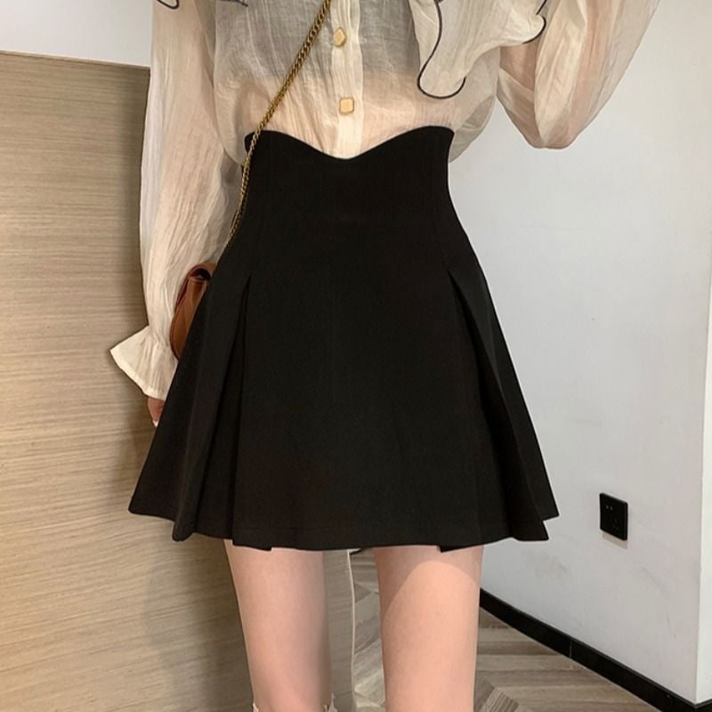 Suknja s visokim strukom, A-kroj, plisirana, uzorak riblje kosti