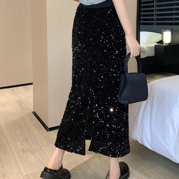 A‑líniová sukňa so flitrami, dlhá, polyesterová tkanina so zmesou regenerovanej celulózovej vlákniny, jar 2025