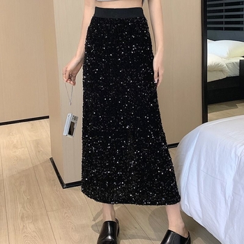 A‑líniová sukňa so flitrami, dlhá, polyesterová tkanina so zmesou regenerovanej celulózovej vlákniny, jar 2025