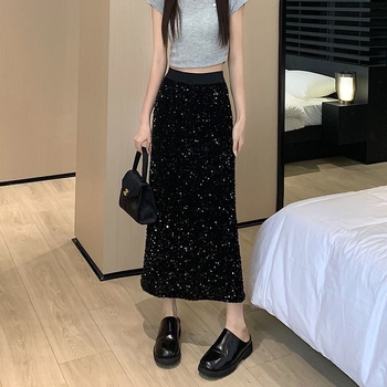 A‑líniová sukňa so flitrami, dlhá, polyesterová tkanina so zmesou regenerovanej celulózovej vlákniny, jar 2025