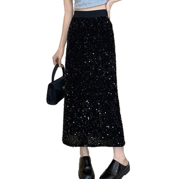 A‑líniová sukňa so flitrami, dlhá, polyesterová tkanina so zmesou regenerovanej celulózovej vlákniny, jar 2025