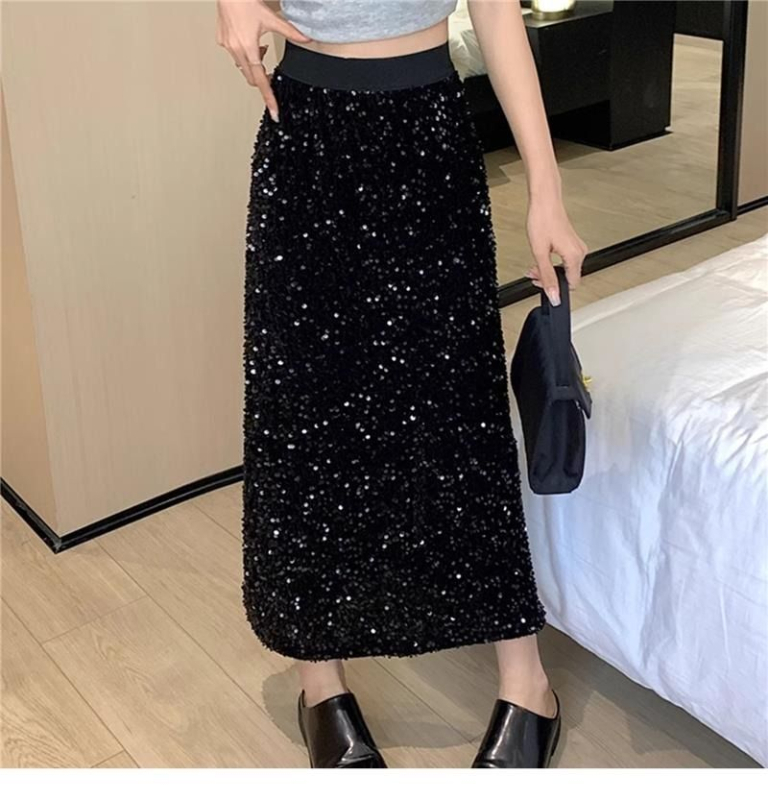 A‑líniová sukňa so flitrami, dlhá, polyesterová tkanina so zmesou regenerovanej celulózovej vlákniny, jar 2025