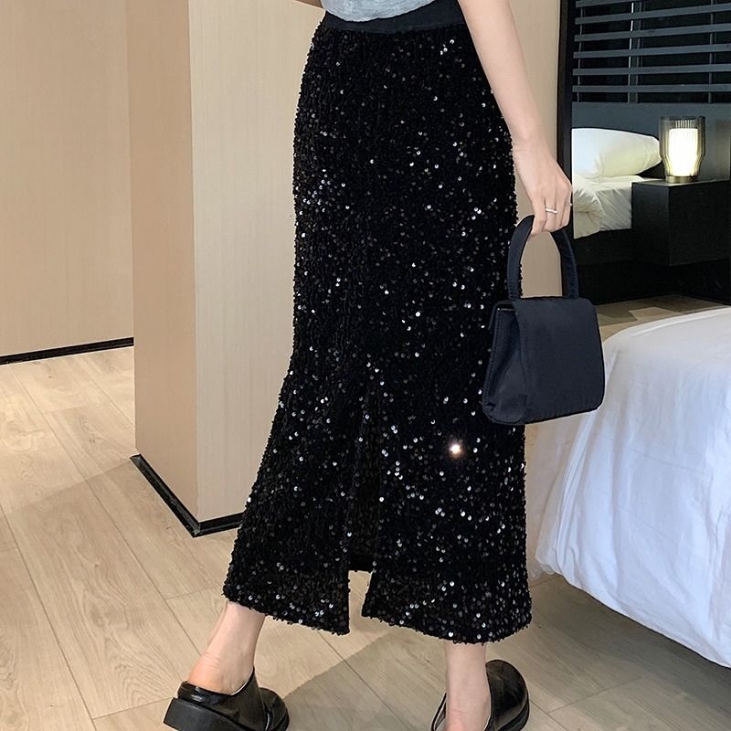 A‑líniová sukňa so flitrami, dlhá, polyesterová tkanina so zmesou regenerovanej celulózovej vlákniny, jar 2025