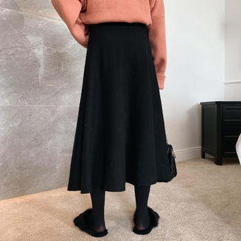 Vlnená dážniková sukňa, midi dĺžka, jednofarebná, kórejský štýl, 30–50% polyester