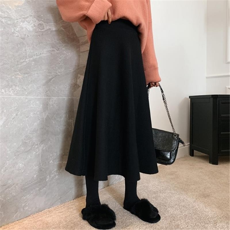 Vlnená dážniková sukňa, midi dĺžka, jednofarebná, kórejský štýl, 30–50% polyester