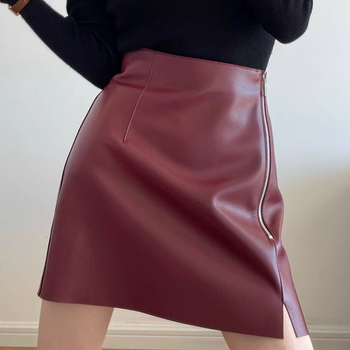 Červená PU kožená sukňa s asymetrickým zipsom, vysoký pás, A-línia, krátka, zimná 2024