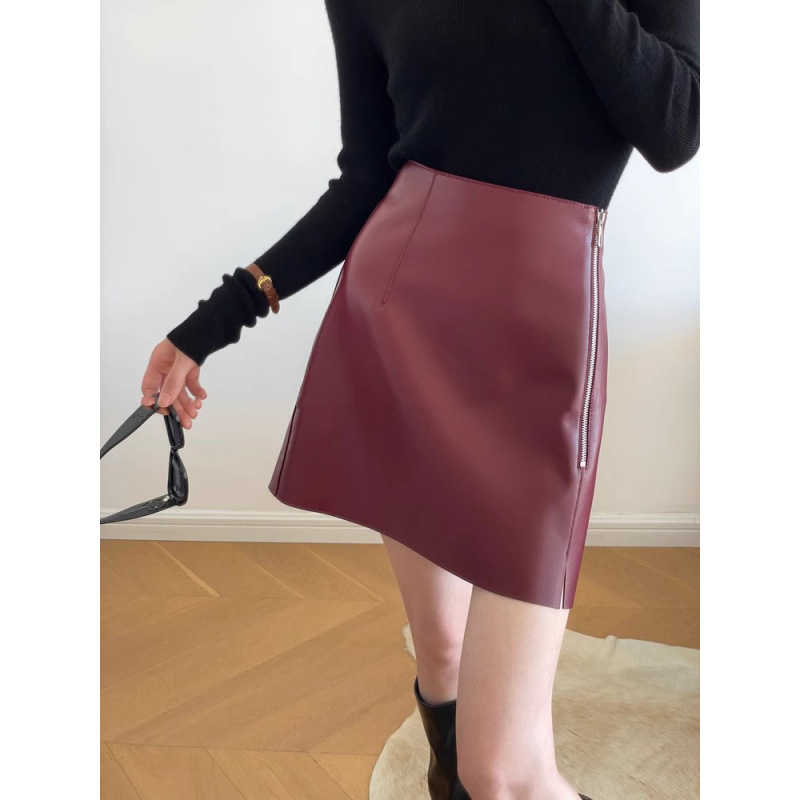 Červená PU kožená sukňa s asymetrickým zipsom, vysoký pás, A-línia, krátka, zimná 2024