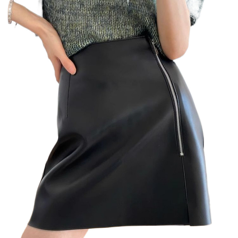 Červená PU kožená sukňa s asymetrickým zipsom, vysoký pás, A-línia, krátka, zimná 2024
