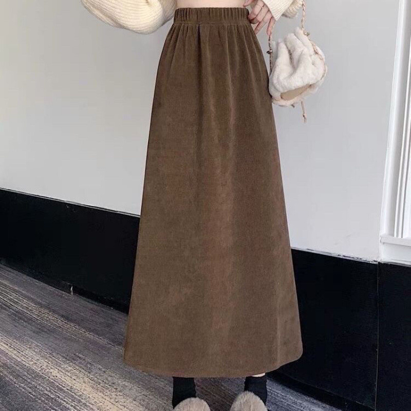 Corduroy A-líniová sukňa s fleece výstielkou, stredná dĺžka, predný rozparok, 95% bavlna, zima 2024