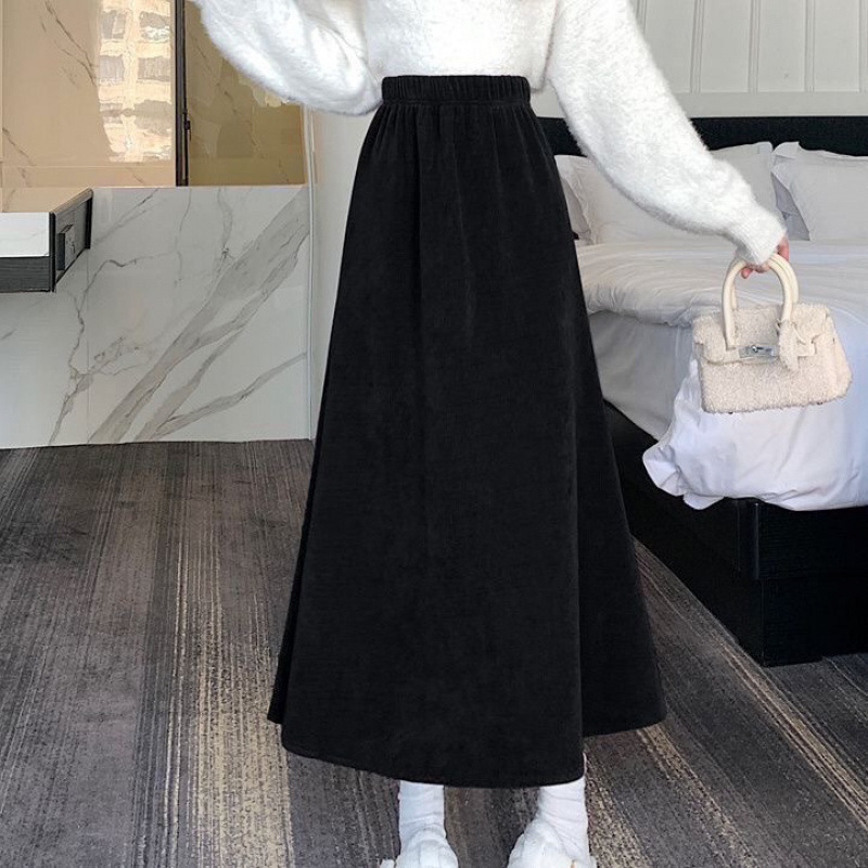 Corduroy A-líniová sukňa s fleece výstielkou, stredná dĺžka, predný rozparok, 95% bavlna, zima 2024