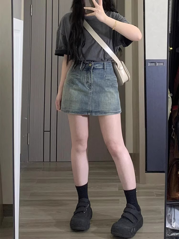 A-line rifľová minisukňa s vysokým pásom, krátka dĺžka, leto 2025, denim látka s bavlnou a polyesterom, voľný štýl