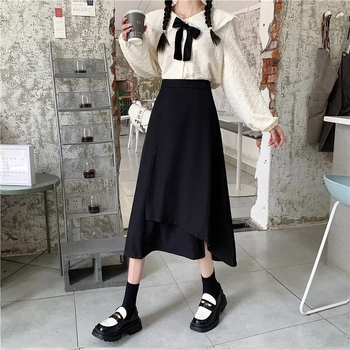 Пола с висока талия, А-линия, миди дължина (No-iron обработка; памучно-бленд тъкан със 80–90% полиестер; микроеластичност; есен 2024)