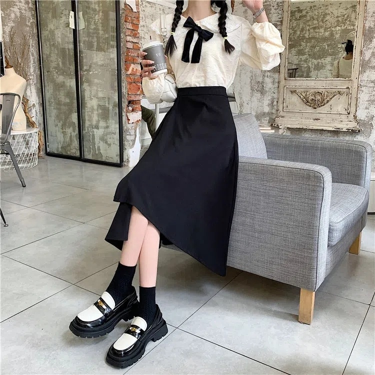 Пола с висока талия, А-линия, миди дължина (No-iron обработка; памучно-бленд тъкан със 80–90% полиестер; микроеластичност; есен 2024)