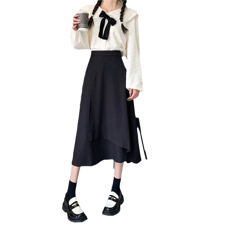 Пола с висока талия, А-линия, миди дължина (No-iron обработка; памучно-бленд тъкан със 80–90% полиестер; микроеластичност; есен 2024)