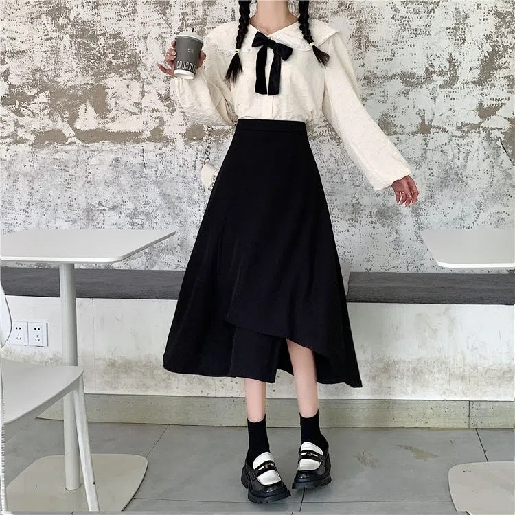 Пола с висока талия, А-линия, миди дължина (No-iron обработка; памучно-бленд тъкан със 80–90% полиестер; микроеластичност; есен 2024)