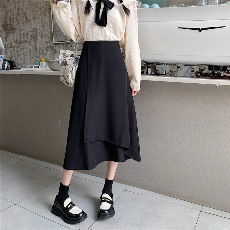 Пола с висока талия, А-линия, миди дължина (No-iron обработка; памучно-бленд тъкан със 80–90% полиестер; микроеластичност; есен 2024)