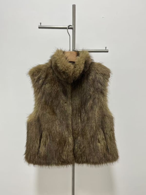 Vesta od umjetne kože bez rukava, stojeći ovratnik, kratka duljina 50–65 cm, poliester materijal