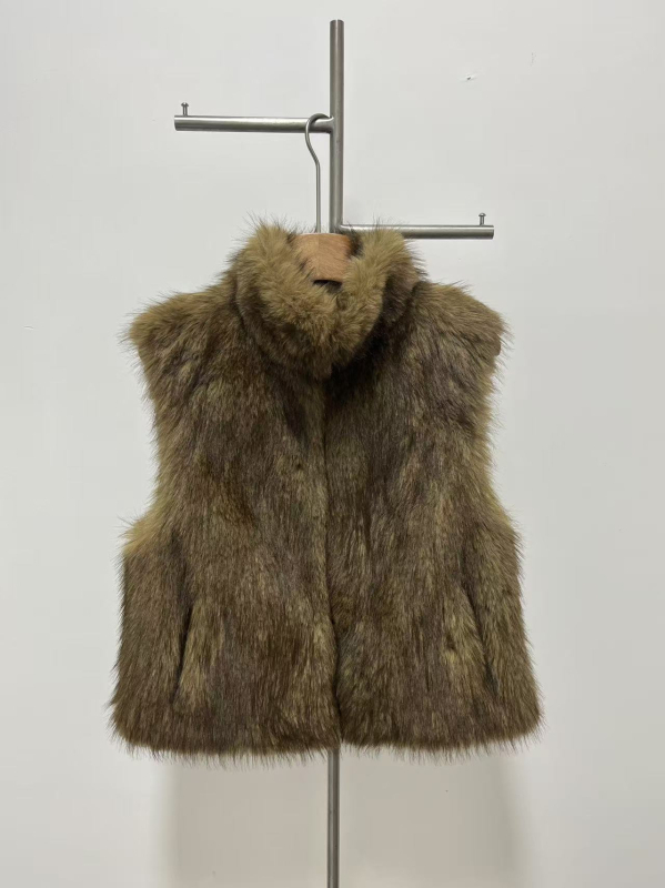 Vesta od umjetne kože bez rukava, stojeći ovratnik, kratka duljina 50–65 cm, poliester materijal
