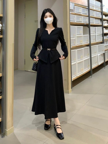 Daugių dydžių moterų sijono kostiumo komplektas su ilga rankove topu ir mini sijonu - Ruduo 2025, poliesteris, spausdinimas ir dažymas