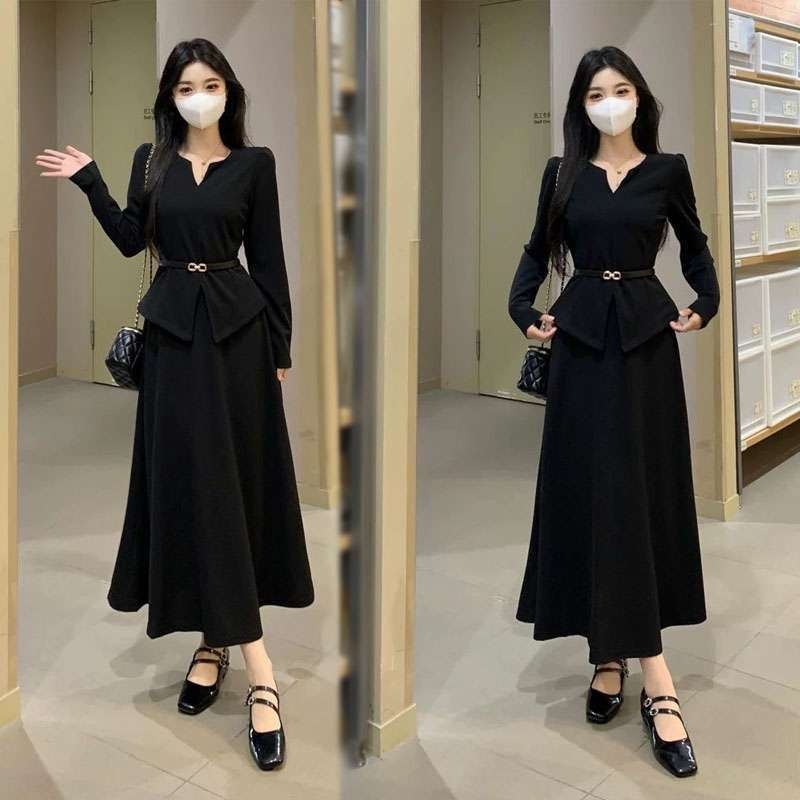 Daugių dydžių moterų sijono kostiumo komplektas su ilga rankove topu ir mini sijonu - Ruduo 2025, poliesteris, spausdinimas ir dažymas