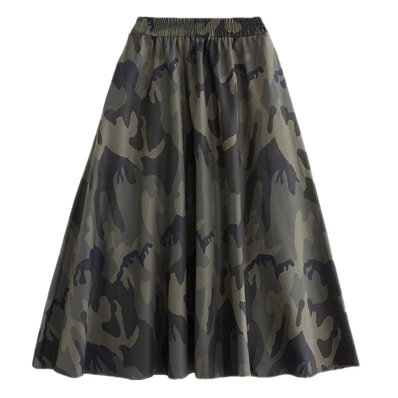 Tutu sijonas su kamufliažiniu atspaudu, laisvo kirpimo sijonas, medvilnės-poliesterio mišinys, spausdinta medžiaga, literatūros ir meno retro stilius, ilgas sijonas