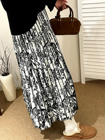 Naili plus veličine kineskog stila plisirana pletena midi suknja - mikroelastična, srednja duljina, zima 2025